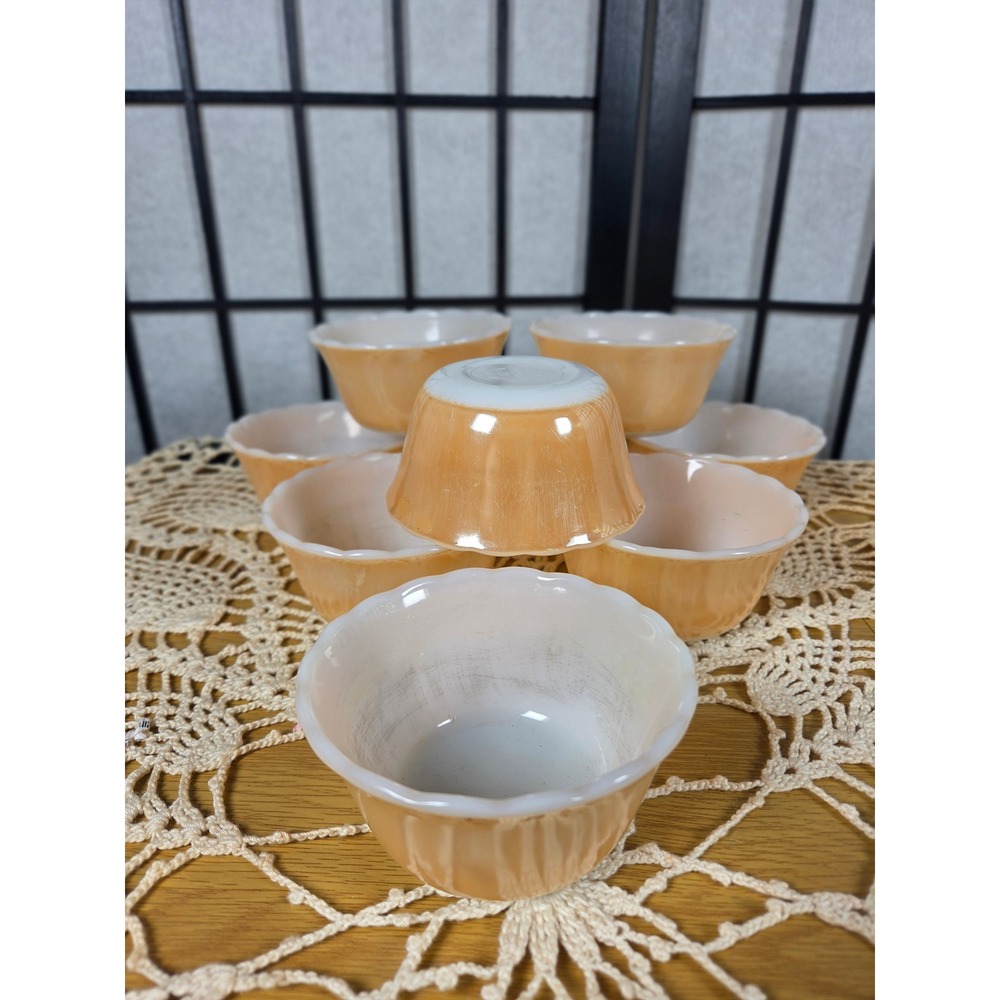 Set of 9 Fire-King Peach Lustre Custard Cups Scalloped Rims Ribbed Milk Glass